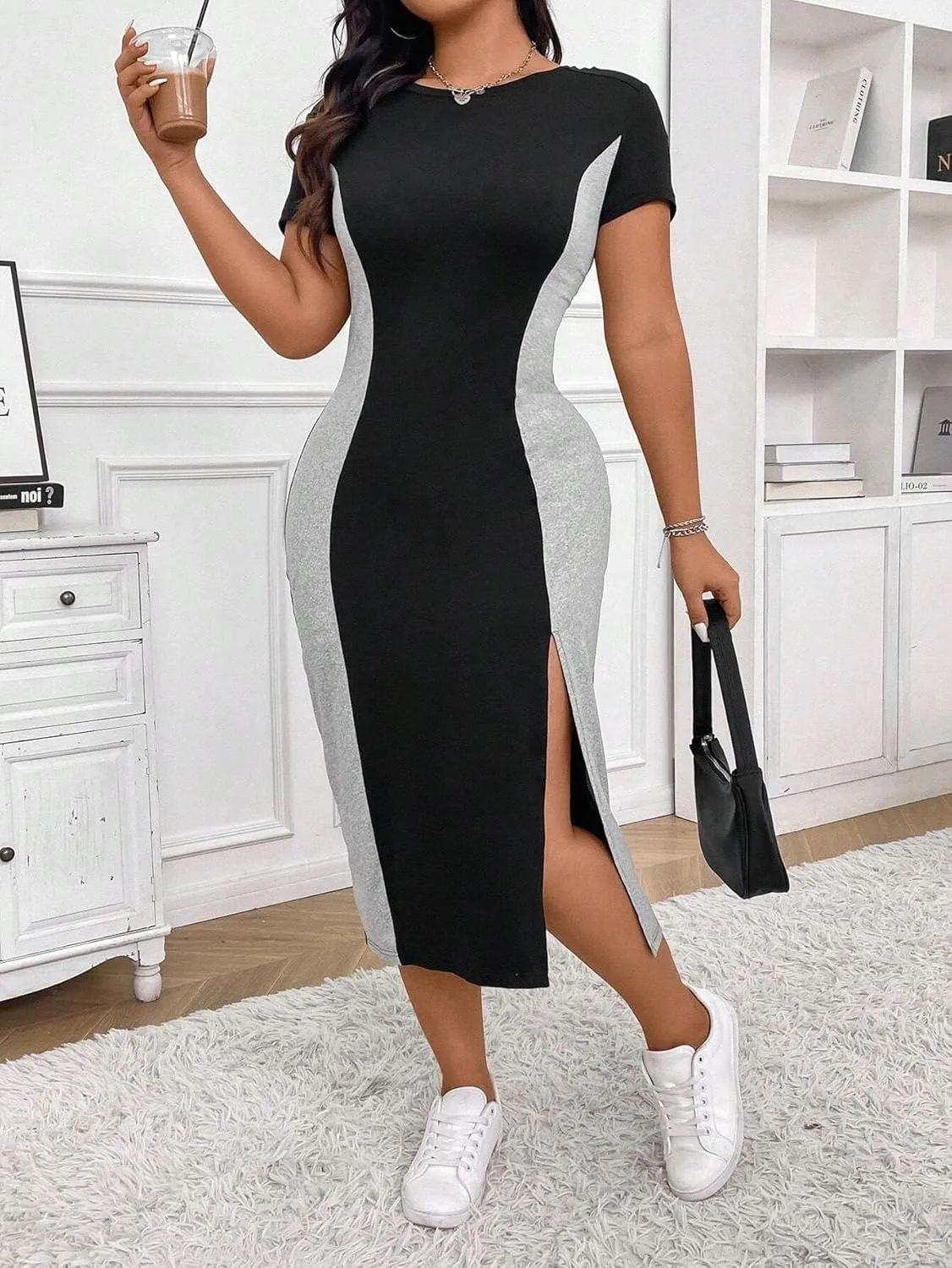 LALAGEN Women's 2025 Summer Dresses Women Plus Size Color Block Round Neck Dress, Summer Outfit