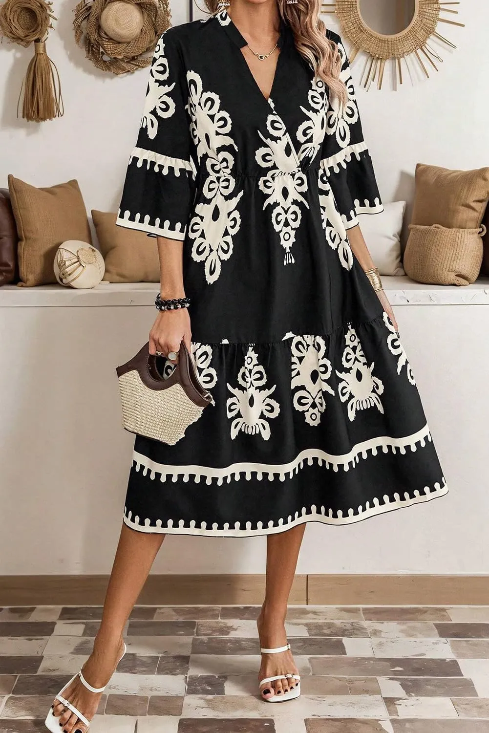 LALAGEN Women's Western Dress Beige Western Geometric Print 3/4 Sleeve Loose Midi Dress