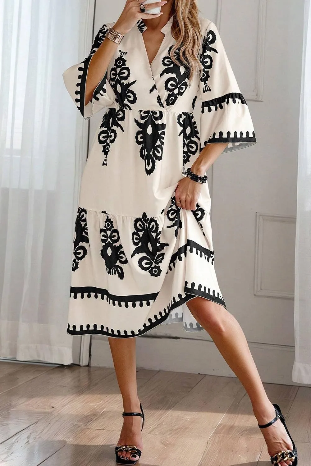 LALAGEN Women's Western Dress Beige Western Geometric Print 3/4 Sleeve Loose Midi Dress