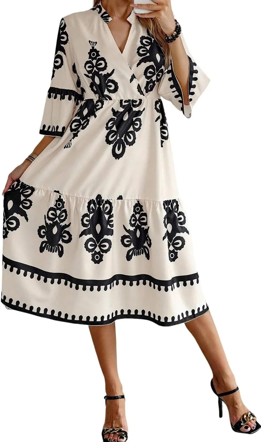 LALAGEN Women's Western Dress Beige Western Geometric Print 3/4 Sleeve Loose Midi Dress