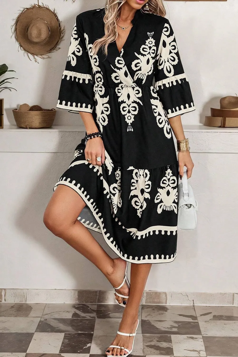 LALAGEN Women's Western Dress Beige Western Geometric Print 3/4 Sleeve Loose Midi Dress