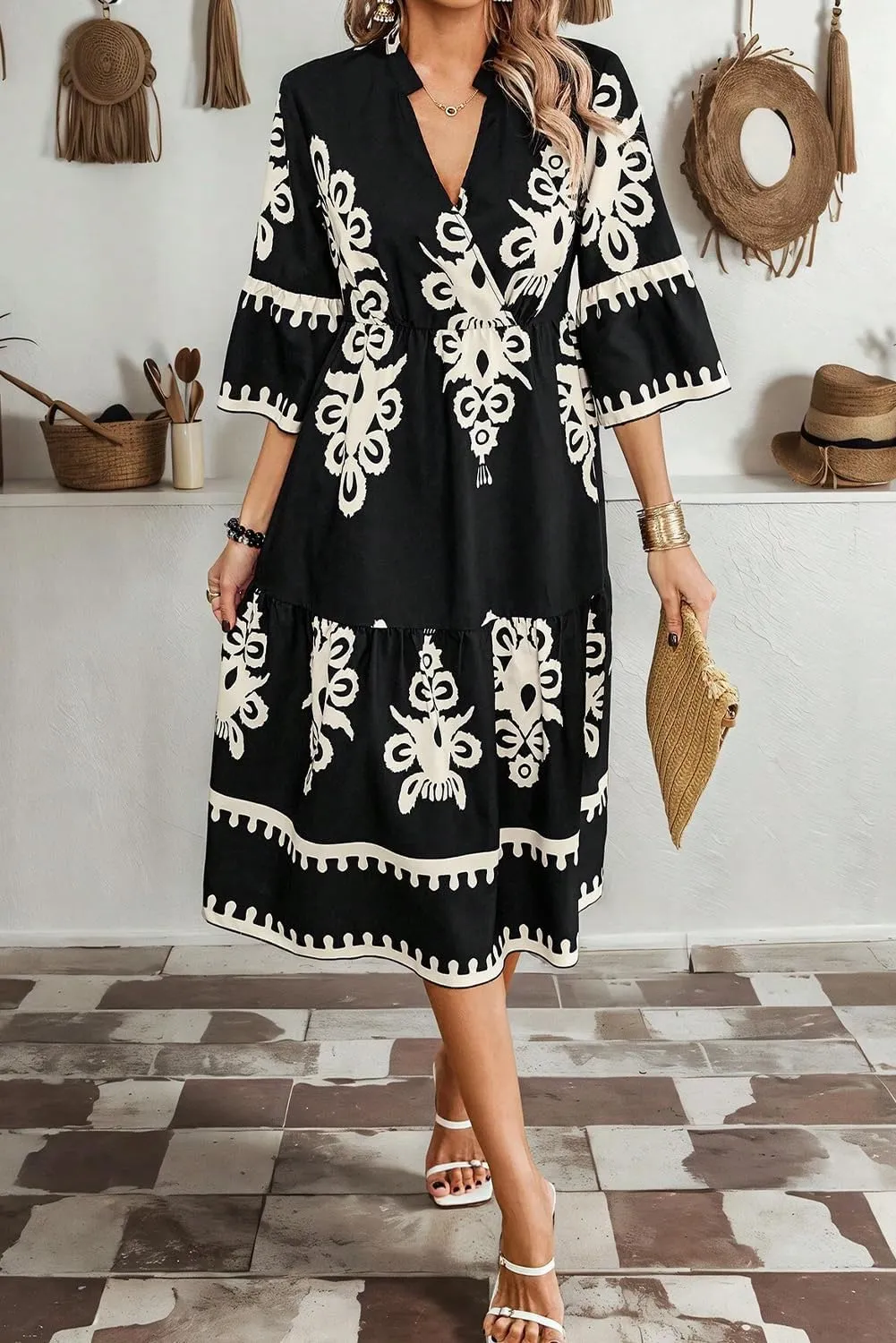 LALAGEN Women's Western Dress Beige Western Geometric Print 3/4 Sleeve Loose Midi Dress