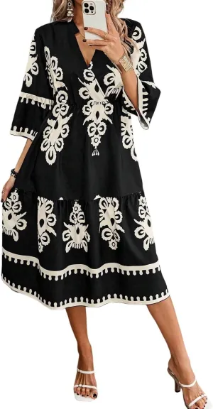 LALAGEN Women's Western Dress Beige Western Geometric Print 3/4 Sleeve Loose Midi Dress