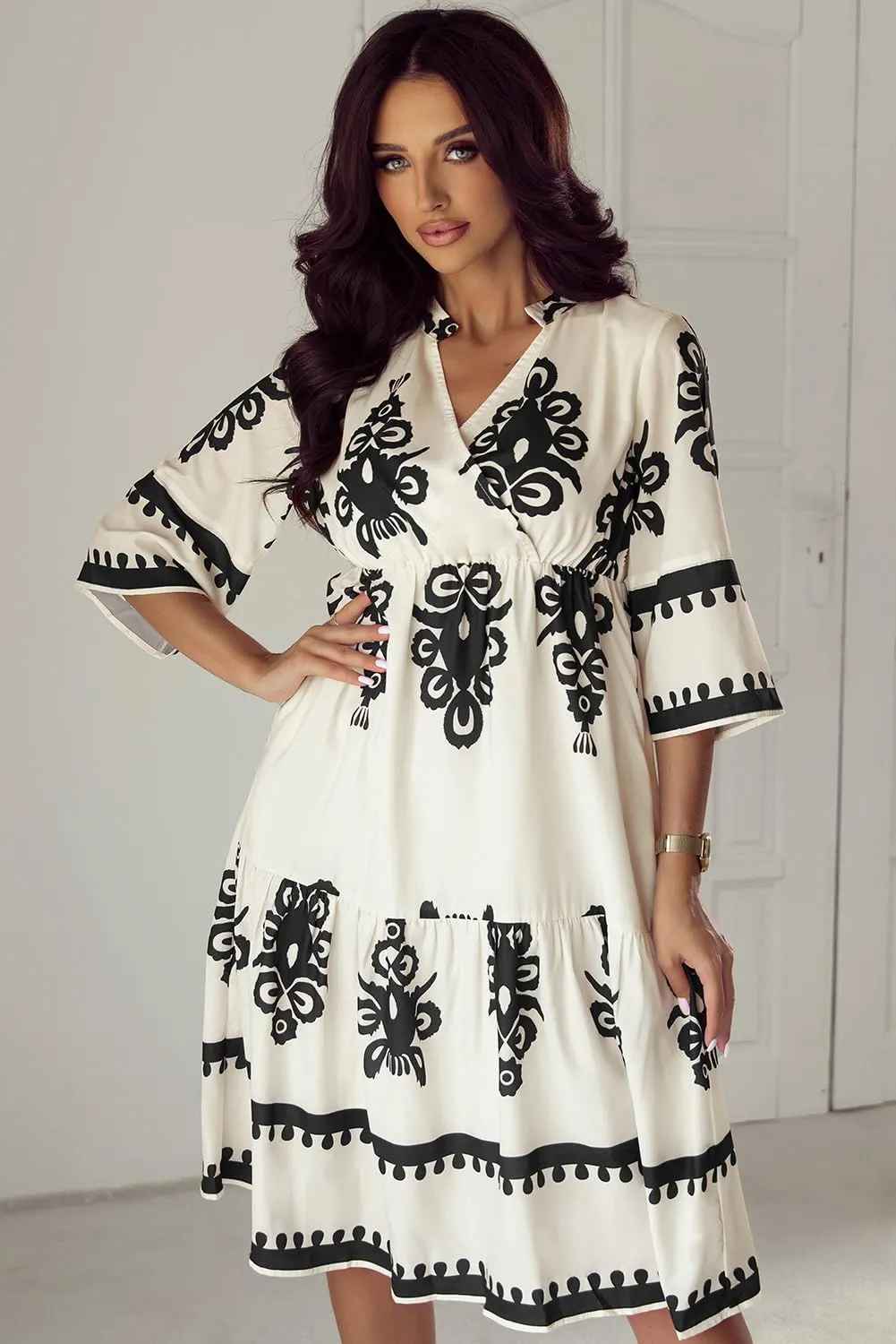 LALAGEN Women's Western Dress Beige Western Geometric Print 3/4 Sleeve Loose Midi Dress
