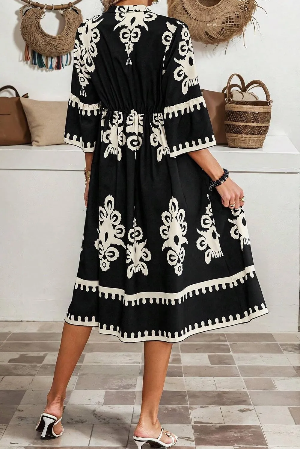 LALAGEN Women's Western Dress Beige Western Geometric Print 3/4 Sleeve Loose Midi Dress