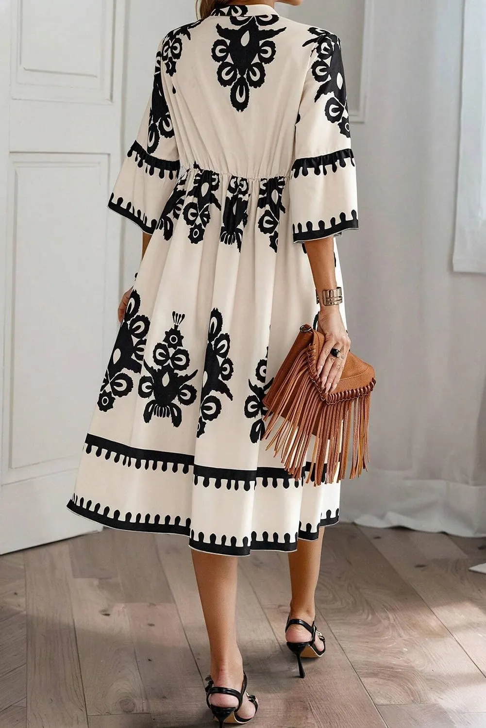 LALAGEN Women's Western Dress Beige Western Geometric Print 3/4 Sleeve Loose Midi Dress