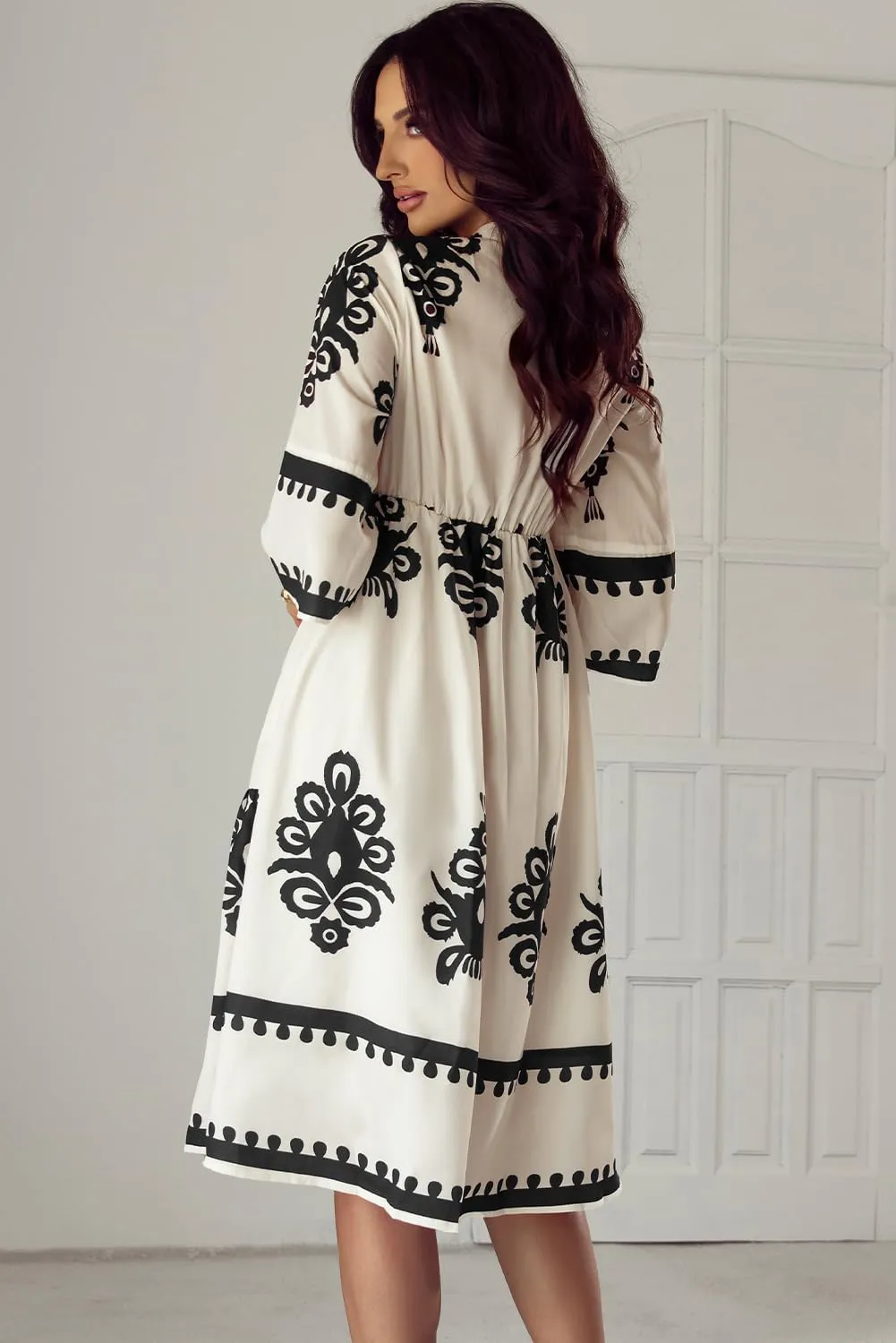 LALAGEN Women's Western Dress Beige Western Geometric Print 3/4 Sleeve Loose Midi Dress