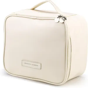 Large Capacity Travel Makeup Bag, Portable PU Leather Cosmetic Bags for Women, Travel Toiletry Bag Case with Adjustable Dividers for Cosmetics Brushes Tools Jewelry (Beige)