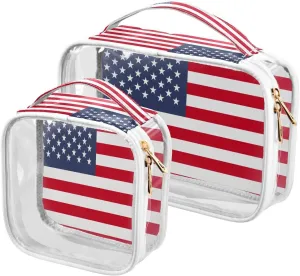 Large Clear Travel Toiletry Bag with Zippers, PVC Waterproof Travel Organizer, America Usa Flag Plastic Tote Bags, 2 pcs