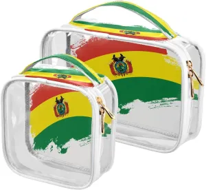 Large Clear Travel Toiletry Bag with Zippers, PVC Waterproof Travel Organizer, Bolivia Flag Brush Stroke Plastic Tote Bags, 2 pcs