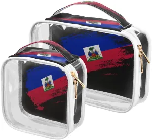 Large Clear Travel Toiletry Bag with Zippers, PVC Waterproof Travel Organizer, Haiti Flag Patriotic Plastic Tote Bags, 2 pcs