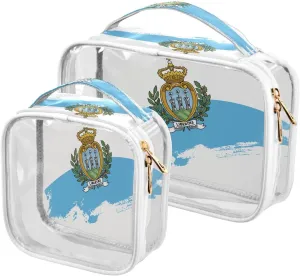 Large Clear Travel Toiletry Bag with Zippers, PVC Waterproof Travel Organizer, San Marino Flag Brush Stroke Plastic Tote Bags, 2 pcs