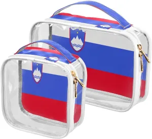Large Clear Travel Toiletry Bag with Zippers, PVC Waterproof Travel Organizer, Slovenia Flag Flying Birds Plastic Tote Bags, 2 pcs