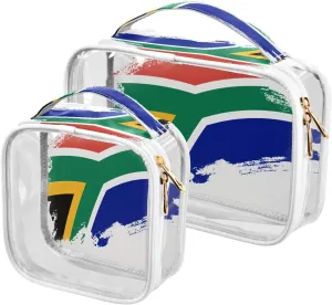Large Clear Travel Toiletry Bag with Zippers, PVC Waterproof Travel Organizer, South African Flag Brush Stroke Plastic Tote Bags, 2 pcs
