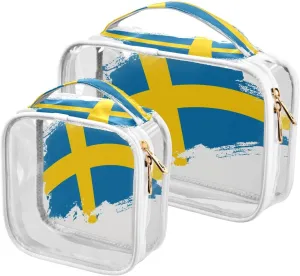 Large Clear Travel Toiletry Bag with Zippers, PVC Waterproof Travel Organizer, Swedish Flag Brush Stroke Plastic Tote Bags, 2 pcs