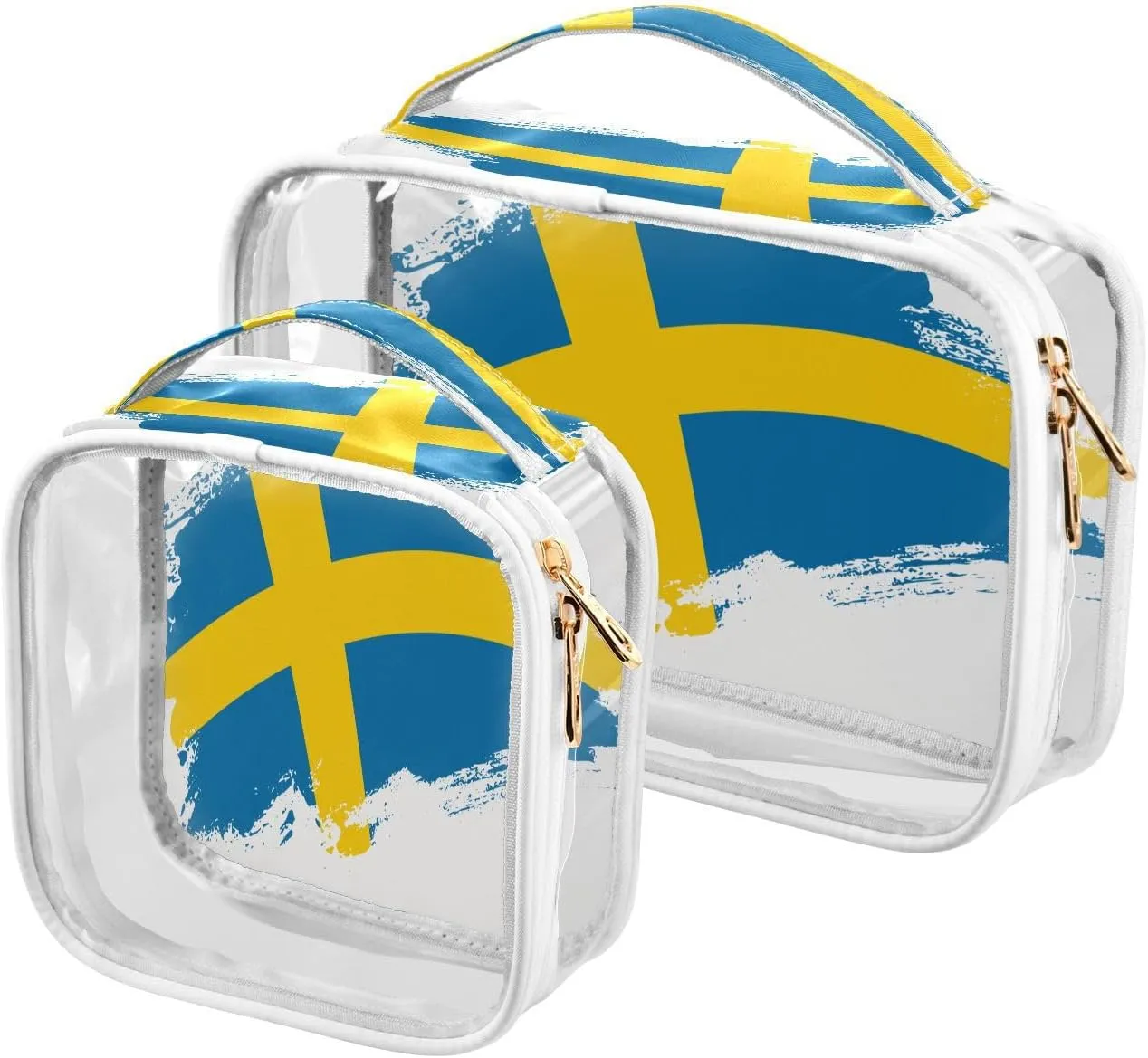 Large Clear Travel Toiletry Bag with Zippers, PVC Waterproof Travel Organizer, Swedish Flag Brush Stroke Plastic Tote Bags, 2 pcs