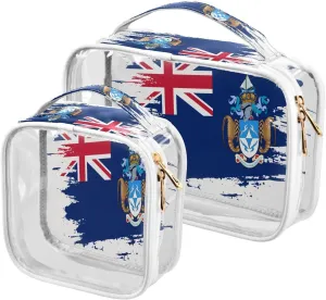 Large Clear Travel Toiletry Bag with Zippers, PVC Waterproof Travel Organizer, Tristan Da Cunha Flag Hand Drawn Plastic Tote Bags, 2 pcs