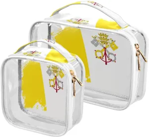 Large Clear Travel Toiletry Bag with Zippers, PVC Waterproof Travel Organizer, Vatican Flag Brush Stroke Plastic Tote Bags, 2 pcs