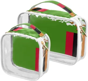 Large Clear Travel Toiletry Bag with Zippers, PVC Waterproof Travel Organizer, Zambia Flag Flying Birds Plastic Tote Bags, 2 pcs