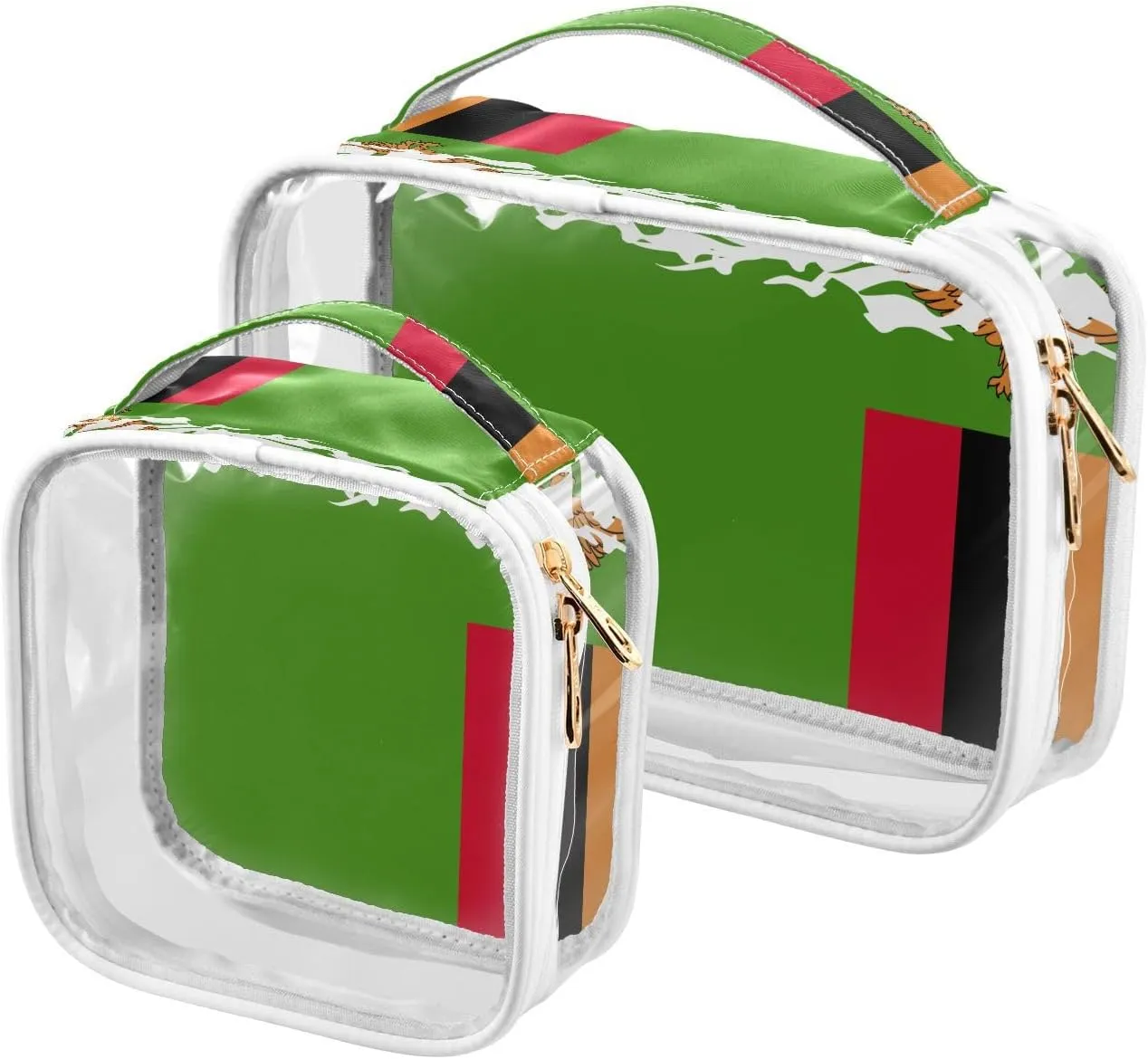 Large Clear Travel Toiletry Bag with Zippers, PVC Waterproof Travel Organizer, Zambia Flag Flying Birds Plastic Tote Bags, 2 pcs