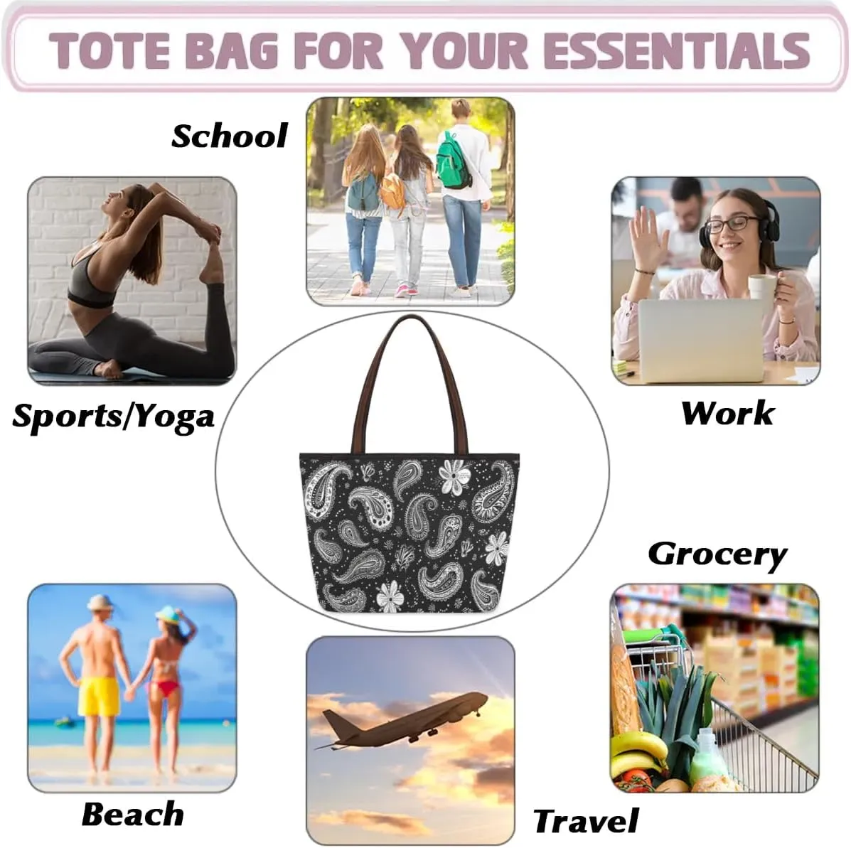 Large Tote Bag For Women Alphabet Chart Dinosaur Work Cloth Bags With Zipper Reusable Grocery