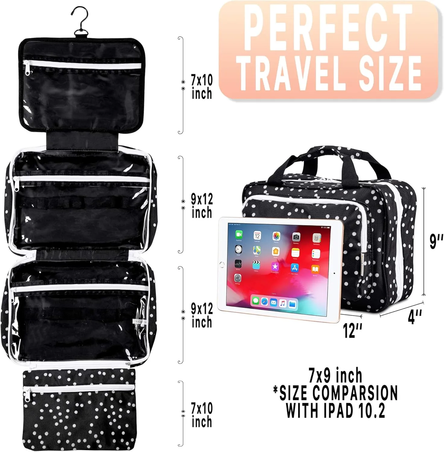 Large Travel Hanging Toiletry Bag For Women With Jewelry Organizer - Folding Bathroom Toiletry Cosmetic Organizer - XL Hanging Travel Bag For Full Size Toiletries (black polka dot)