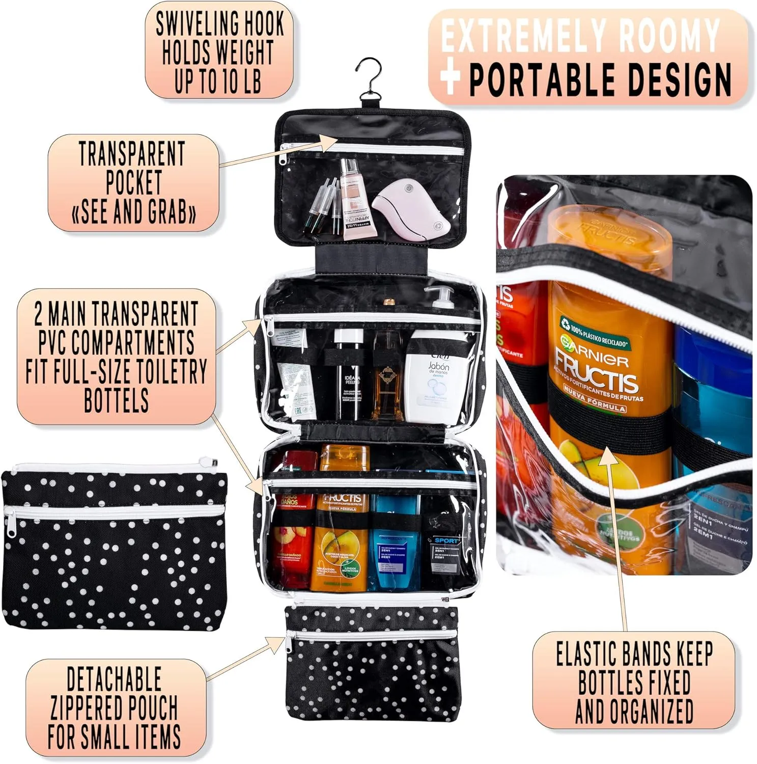 Large Travel Hanging Toiletry Bag For Women With Jewelry Organizer - Folding Bathroom Toiletry Cosmetic Organizer - XL Hanging Travel Bag For Full Size Toiletries (black polka dot)