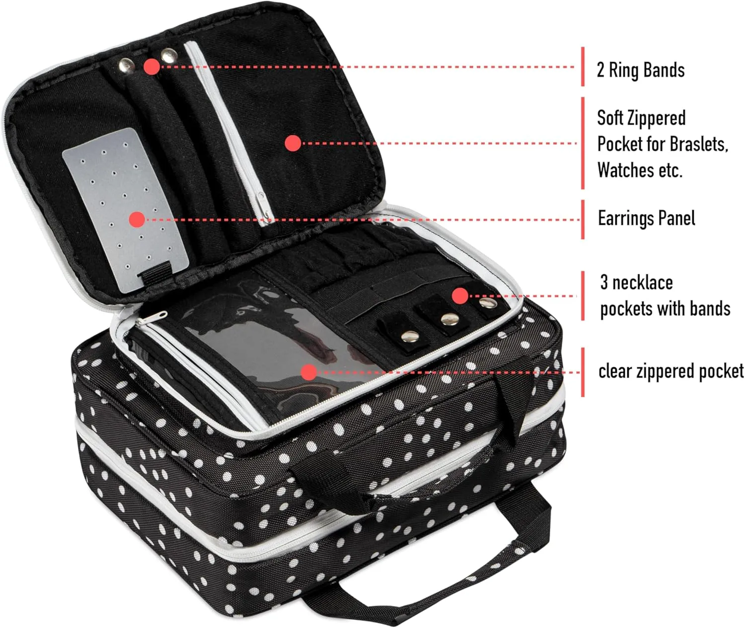 Large Travel Hanging Toiletry Bag For Women With Jewelry Organizer - Folding Bathroom Toiletry Cosmetic Organizer - XL Hanging Travel Bag For Full Size Toiletries (black polka dot)