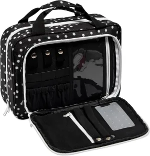 Large Travel Hanging Toiletry Bag For Women With Jewelry Organizer - Folding Bathroom Toiletry Cosmetic Organizer - XL Hanging Travel Bag For Full Size Toiletries (black polka dot)