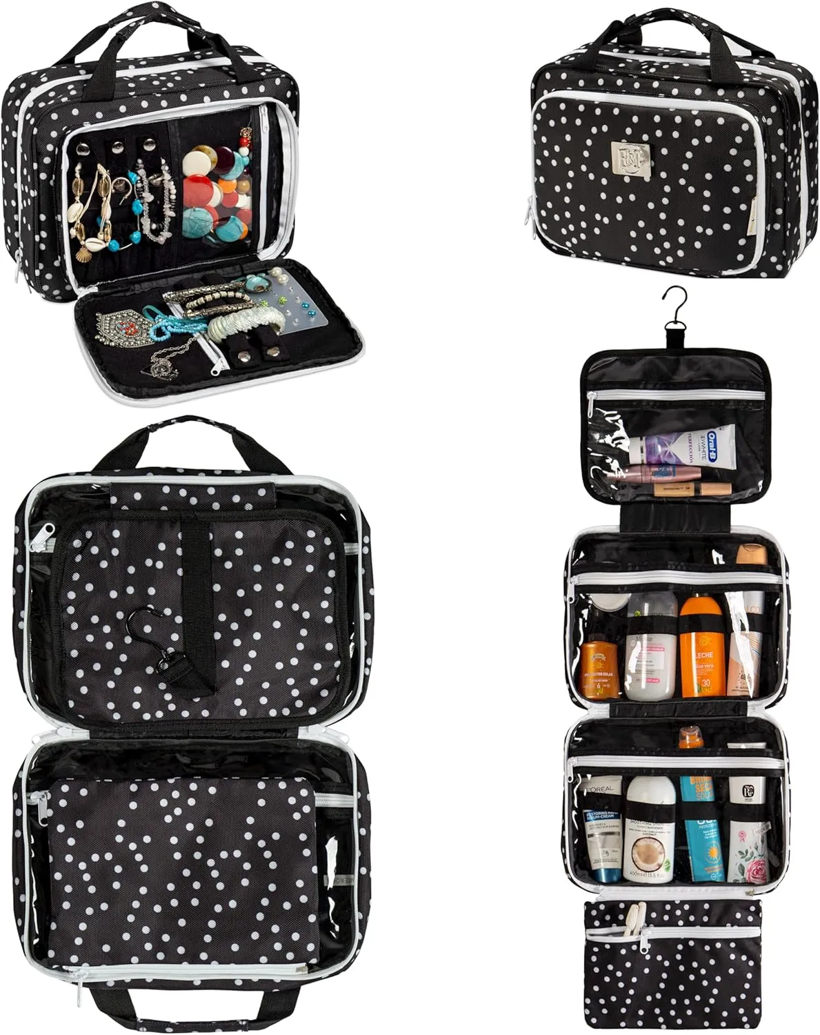 Large Travel Hanging Toiletry Bag For Women With Jewelry Organizer - Folding Bathroom Toiletry Cosmetic Organizer - XL Hanging Travel Bag For Full Size Toiletries (black polka dot)