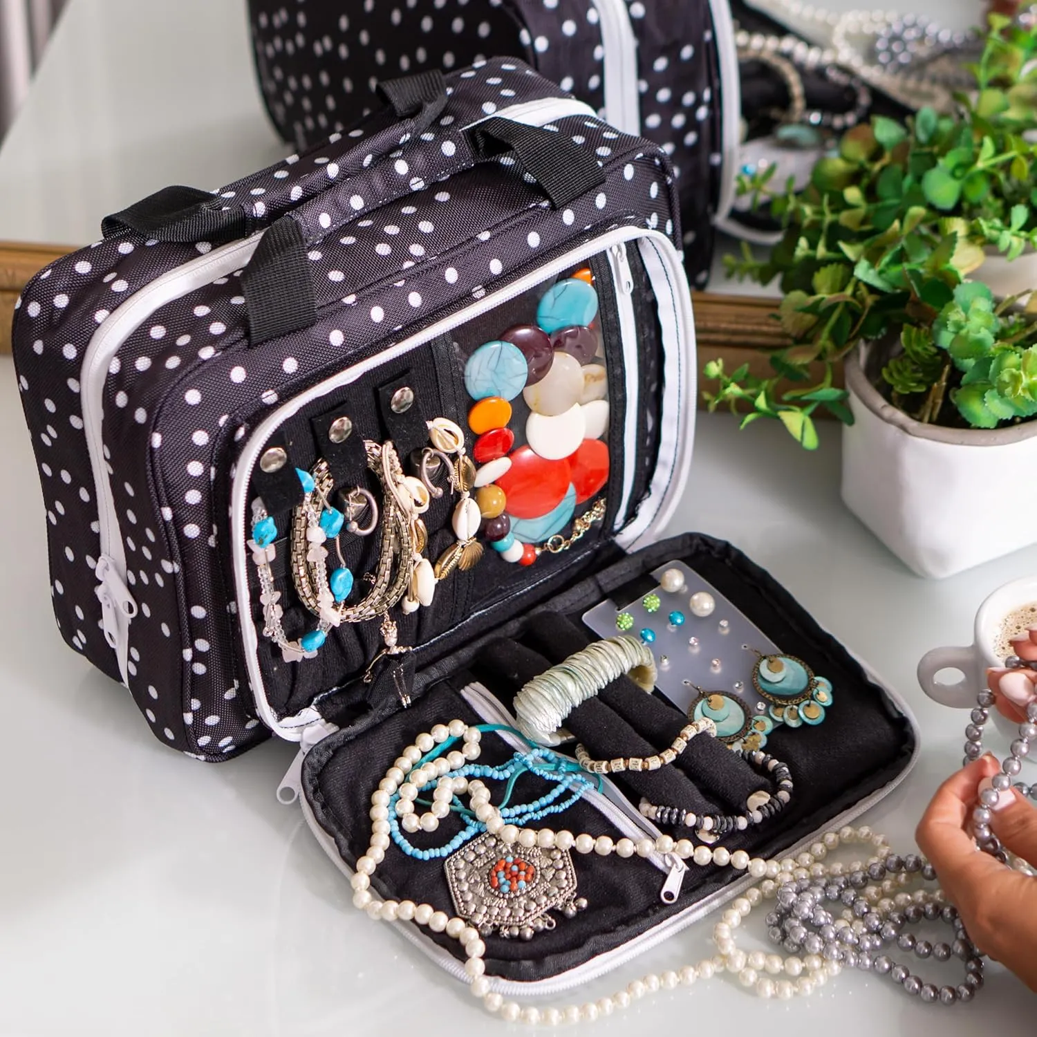 Large Travel Hanging Toiletry Bag For Women With Jewelry Organizer - Folding Bathroom Toiletry Cosmetic Organizer - XL Hanging Travel Bag For Full Size Toiletries (black polka dot)