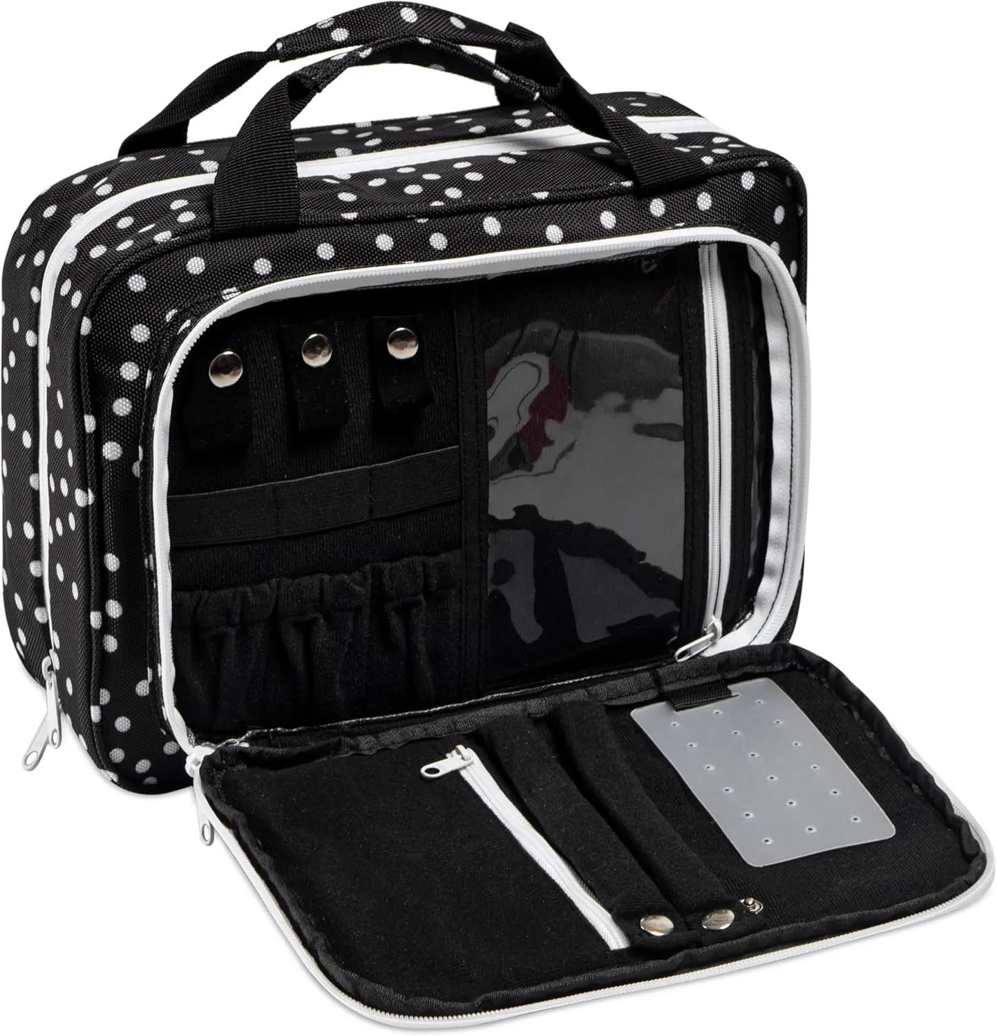 Large Travel Hanging Toiletry Bag For Women With Jewelry Organizer - Folding Bathroom Toiletry Cosmetic Organizer - XL Hanging Travel Bag For Full Size Toiletries (black polka dot)