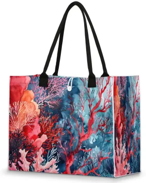 Large Travel Utility Tote Bag for Women Reusable Shopping Bags with Handles Aesthetic Bolsos Para Mujeres Cute Canvas Bag for Beach School Work Grocery Coral Ocean Summer