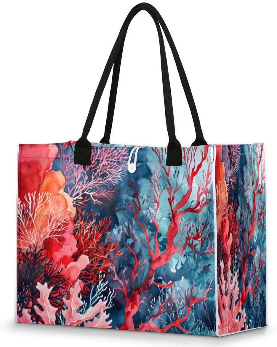 Large Travel Utility Tote Bag for Women Reusable Shopping Bags with Handles Aesthetic Bolsos Para Mujeres Cute Canvas Bag for Beach School Work Grocery Coral Ocean Summer
