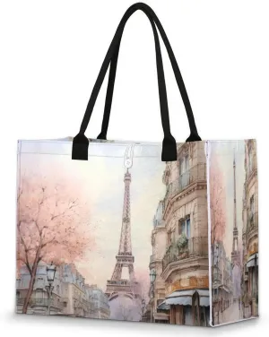 Large Travel Utility Tote Bag for Women Reusable Shopping Bags with Handles Paris Eiffel Tower Watercolor Aesthetic Bolsos Para Mujeres Cute Canvas Bag for Beach School Work Grocery