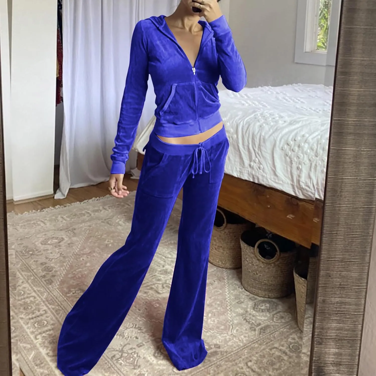 Lastesso Sweatsuit Set for Women Velour Tracksuit Solid Slim Fit Jackets with Wid Leg Trousers Trendy Y2K Lounge 2 Piece Sets
