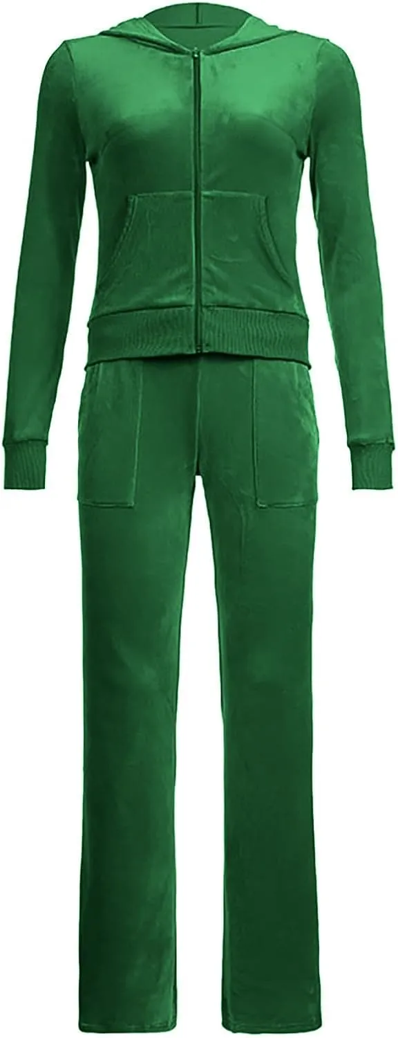 Lastesso Sweatsuit Set for Women Velour Tracksuit Solid Slim Fit Jackets with Wid Leg Trousers Trendy Y2K Lounge 2 Piece Sets