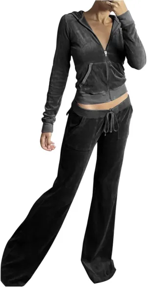 Lastesso Sweatsuit Set for Women Velour Tracksuit Solid Slim Fit Jackets with Wid Leg Trousers Trendy Y2K Lounge 2 Piece Sets