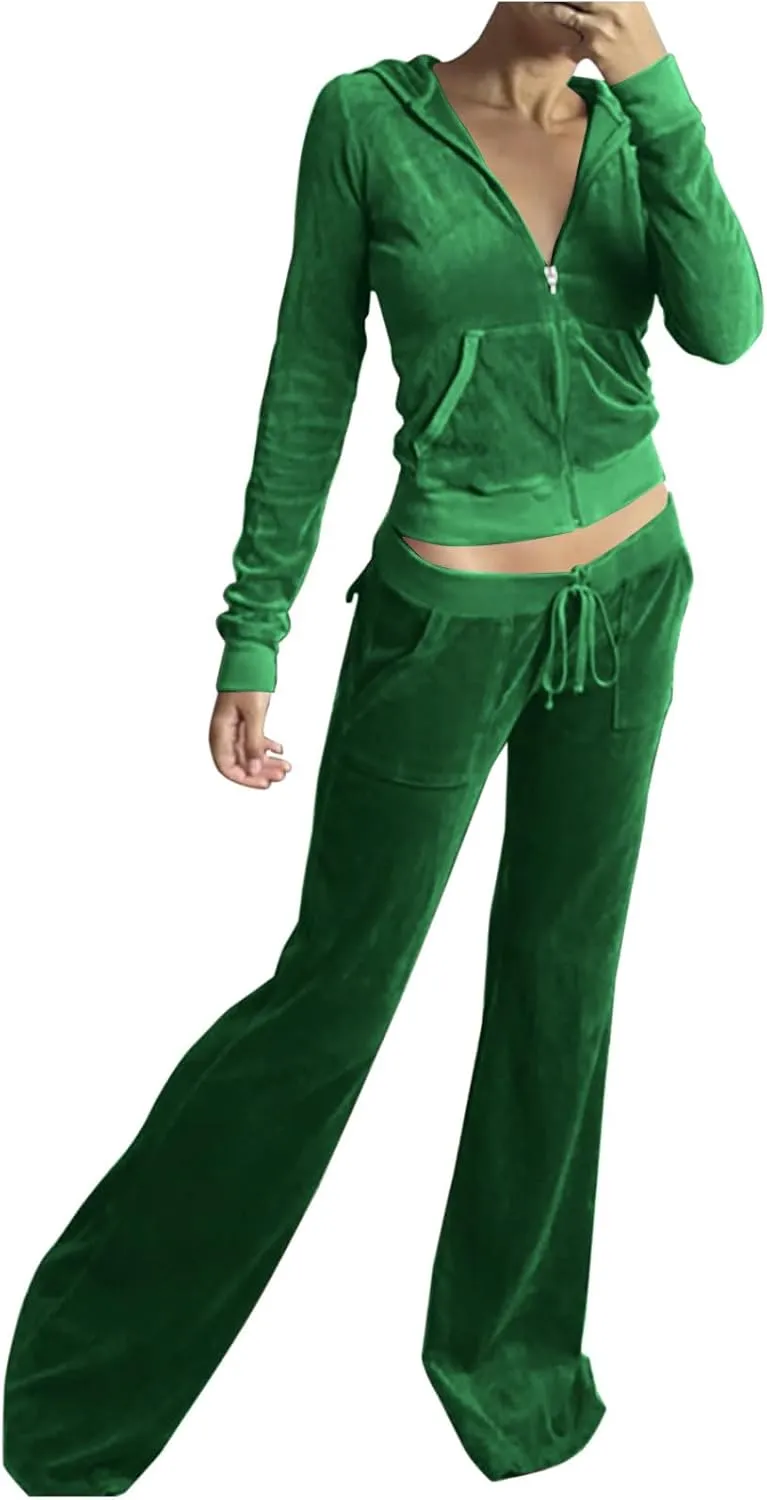 Lastesso Sweatsuit Set for Women Velour Tracksuit Solid Slim Fit Jackets with Wid Leg Trousers Trendy Y2K Lounge 2 Piece Sets