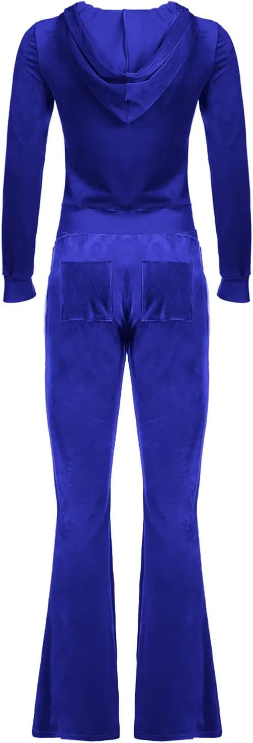 Lastesso Sweatsuit Set for Women Velour Tracksuit Solid Slim Fit Jackets with Wid Leg Trousers Trendy Y2K Lounge 2 Piece Sets