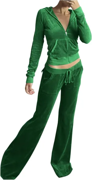 Lastesso Sweatsuit Set for Women Velour Tracksuit Solid Slim Fit Jackets with Wid Leg Trousers Trendy Y2K Lounge 2 Piece Sets