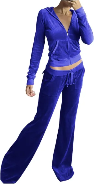 Lastesso Sweatsuit Set for Women Velour Tracksuit Solid Slim Fit Jackets with Wid Leg Trousers Trendy Y2K Lounge 2 Piece Sets