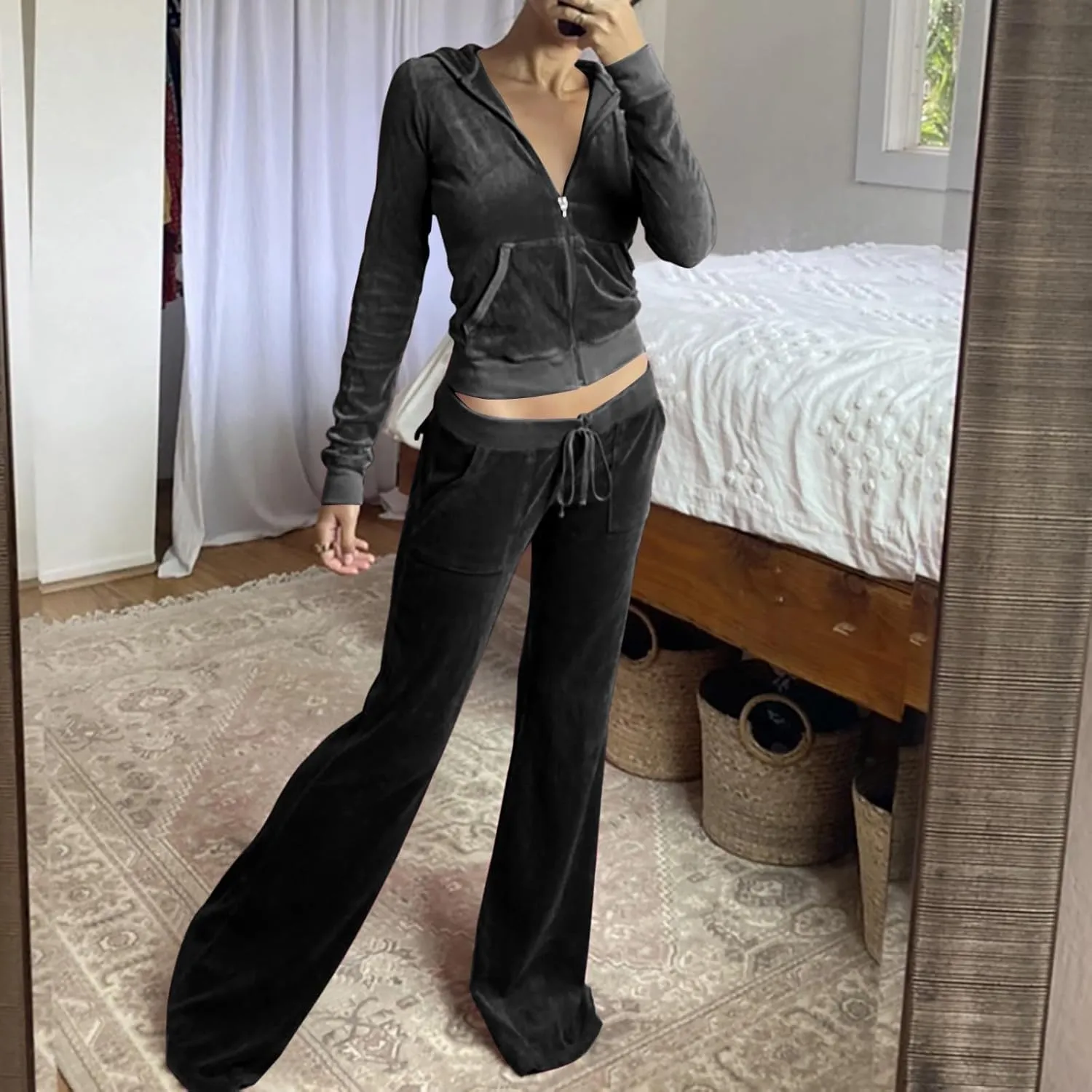 Lastesso Sweatsuit Set for Women Velour Tracksuit Solid Slim Fit Jackets with Wid Leg Trousers Trendy Y2K Lounge 2 Piece Sets