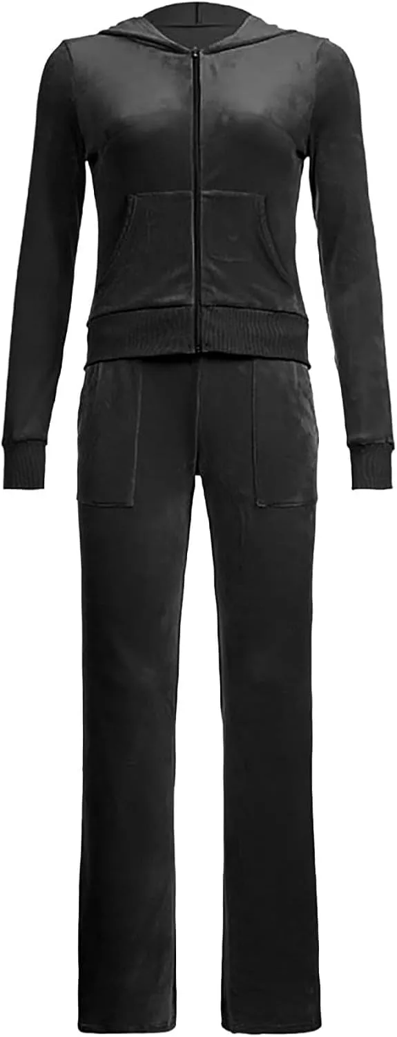 Lastesso Sweatsuit Set for Women Velour Tracksuit Solid Slim Fit Jackets with Wid Leg Trousers Trendy Y2K Lounge 2 Piece Sets