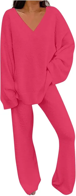 Lastesso Womens Fuzzy Loungewear Set Casual Size Solid Lounge Wear Soft V-Neck Pullovers Puff Palazzo Pants Soft Homewear Set