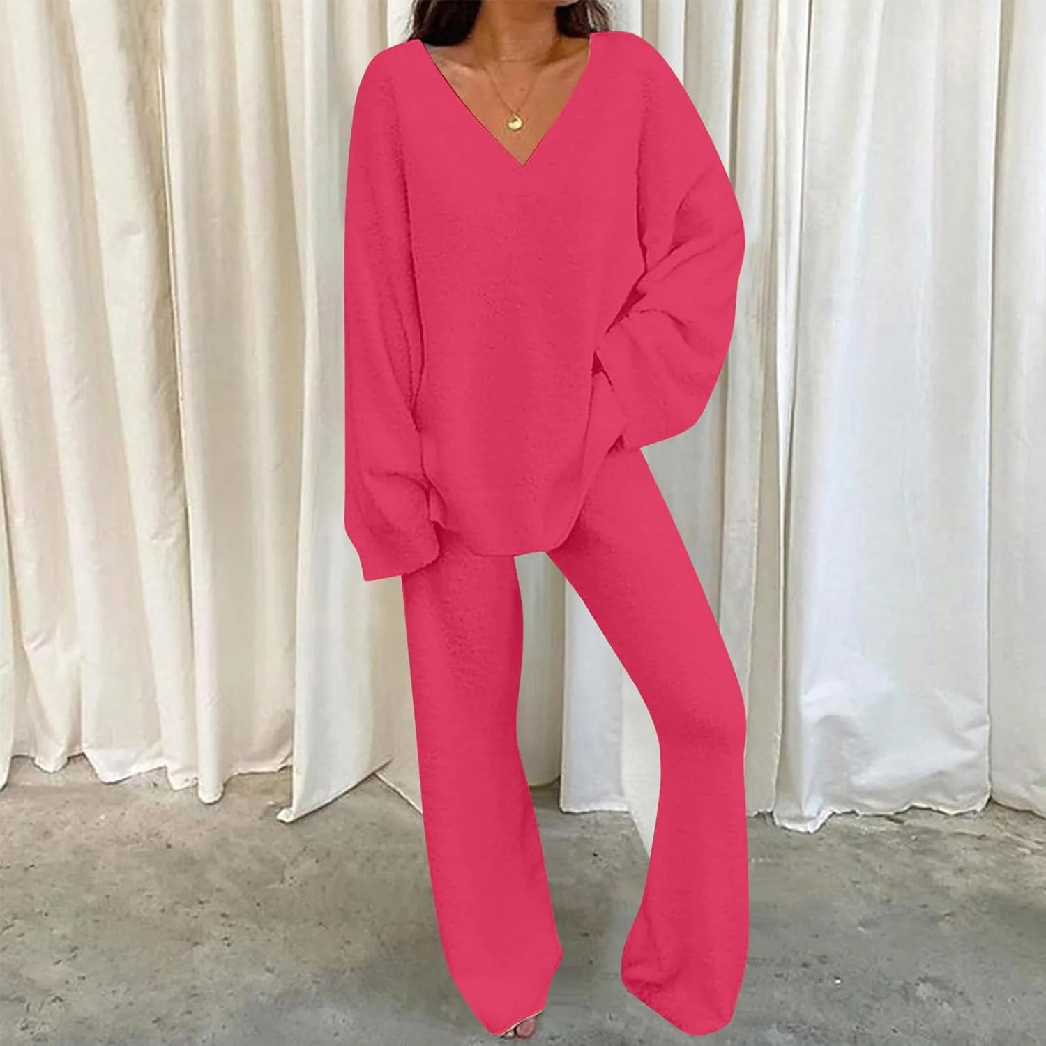Lastesso Womens Fuzzy Loungewear Set Casual Size Solid Lounge Wear Soft V-Neck Pullovers Puff Palazzo Pants Soft Homewear Set