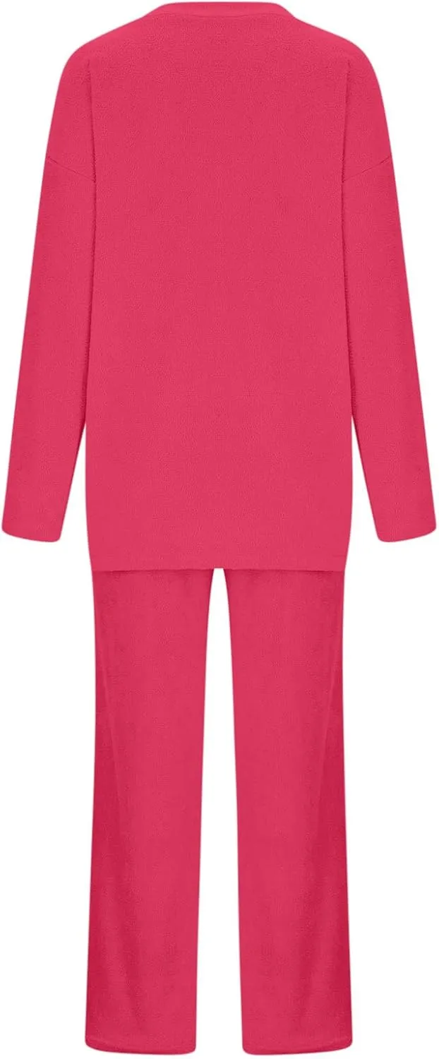 Lastesso Womens Fuzzy Loungewear Set Casual Size Solid Lounge Wear Soft V-Neck Pullovers Puff Palazzo Pants Soft Homewear Set