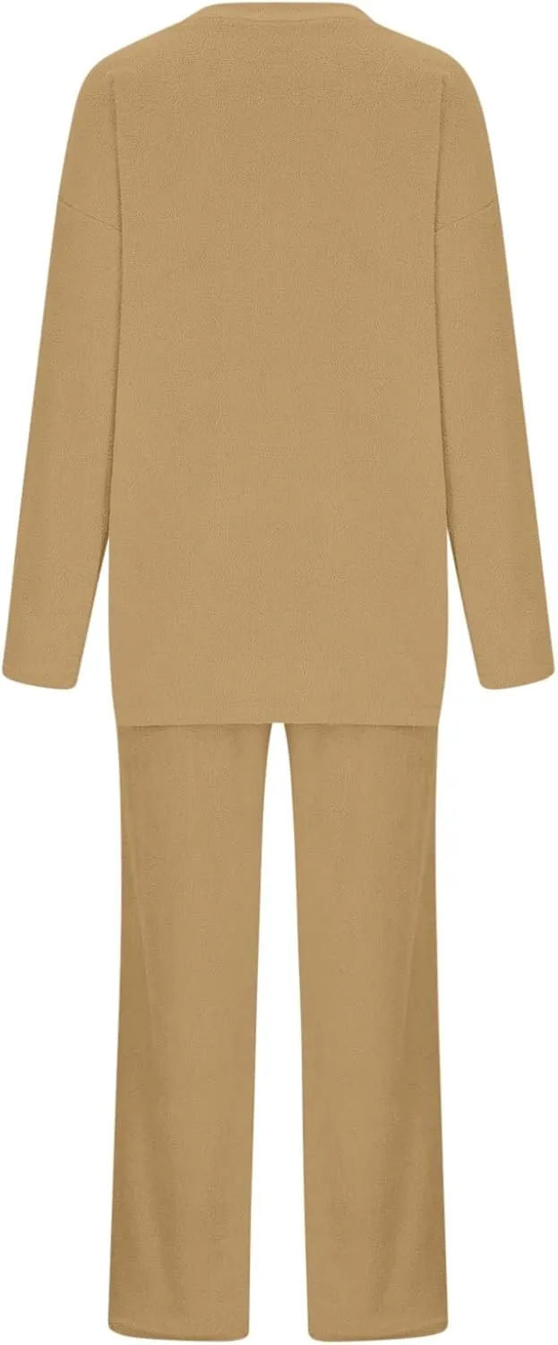 Lastesso Womens Fuzzy Loungewear Set Casual Size Solid Lounge Wear Soft V-Neck Pullovers Puff Palazzo Pants Soft Homewear Set