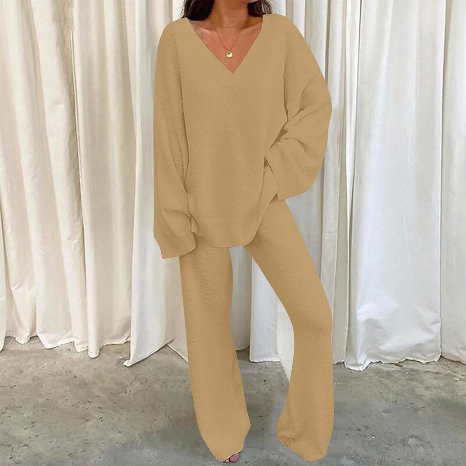 Lastesso Womens Fuzzy Loungewear Set Casual Size Solid Lounge Wear Soft V-Neck Pullovers Puff Palazzo Pants Soft Homewear Set