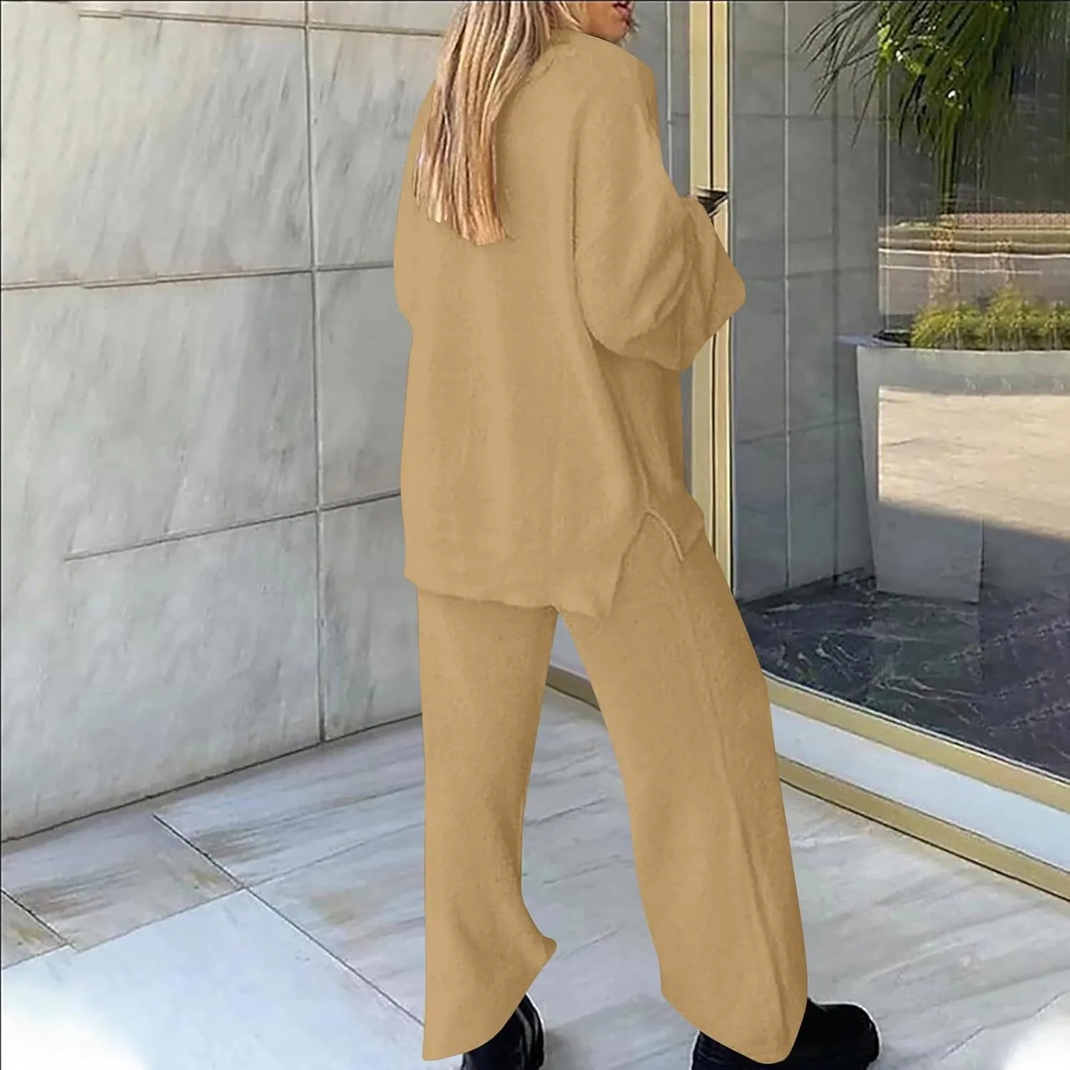 Lastesso Womens Fuzzy Loungewear Set Casual Size Solid Lounge Wear Soft V-Neck Pullovers Puff Palazzo Pants Soft Homewear Set